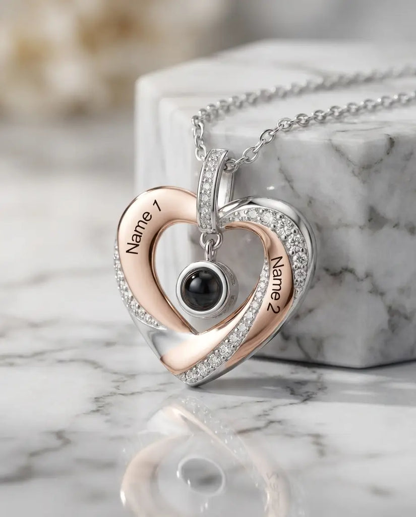 Personalised Engraved Heart Photo Projection Necklace - Two-Tone Name Pendant IfShe UK