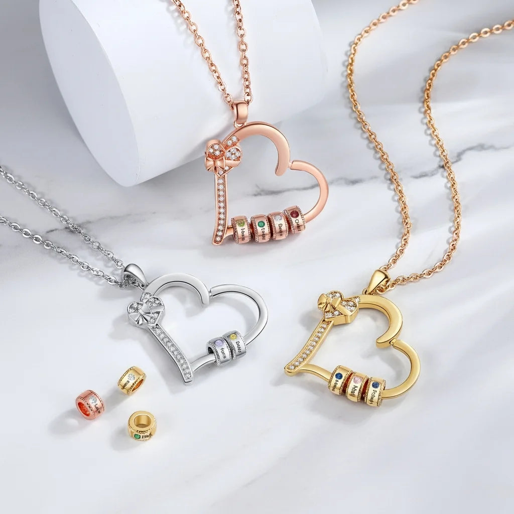 Personalised Family Birthstone Heart Pendant Necklace – Engraved Gift for Mum