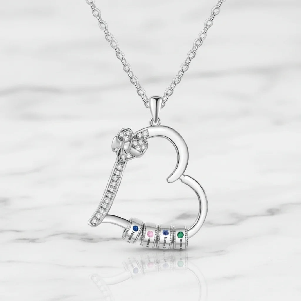 Personalised Family Birthstone Heart Pendant Necklace – Engraved Gift for Mum