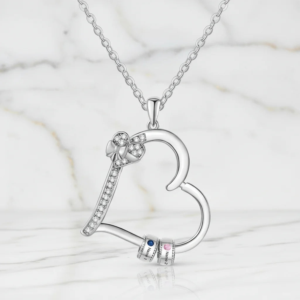 Personalised Family Birthstone Heart Pendant Necklace – Engraved Gift for Mum