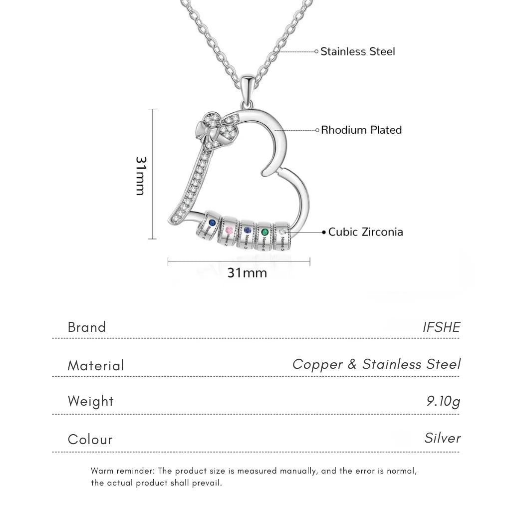Personalised Family Birthstone Heart Pendant Necklace – Engraved Gift for Mum