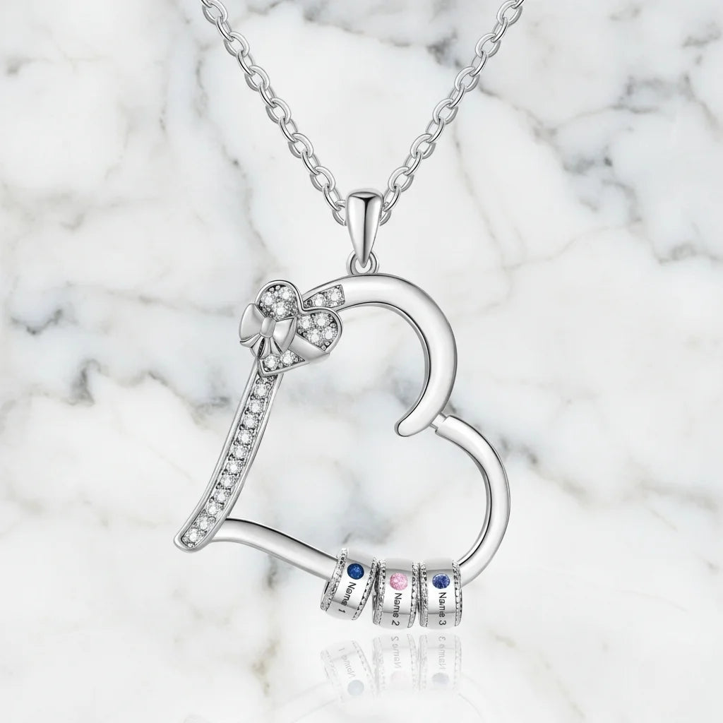 Personalised Family Birthstone Heart Pendant Necklace – Engraved Gift for Mum