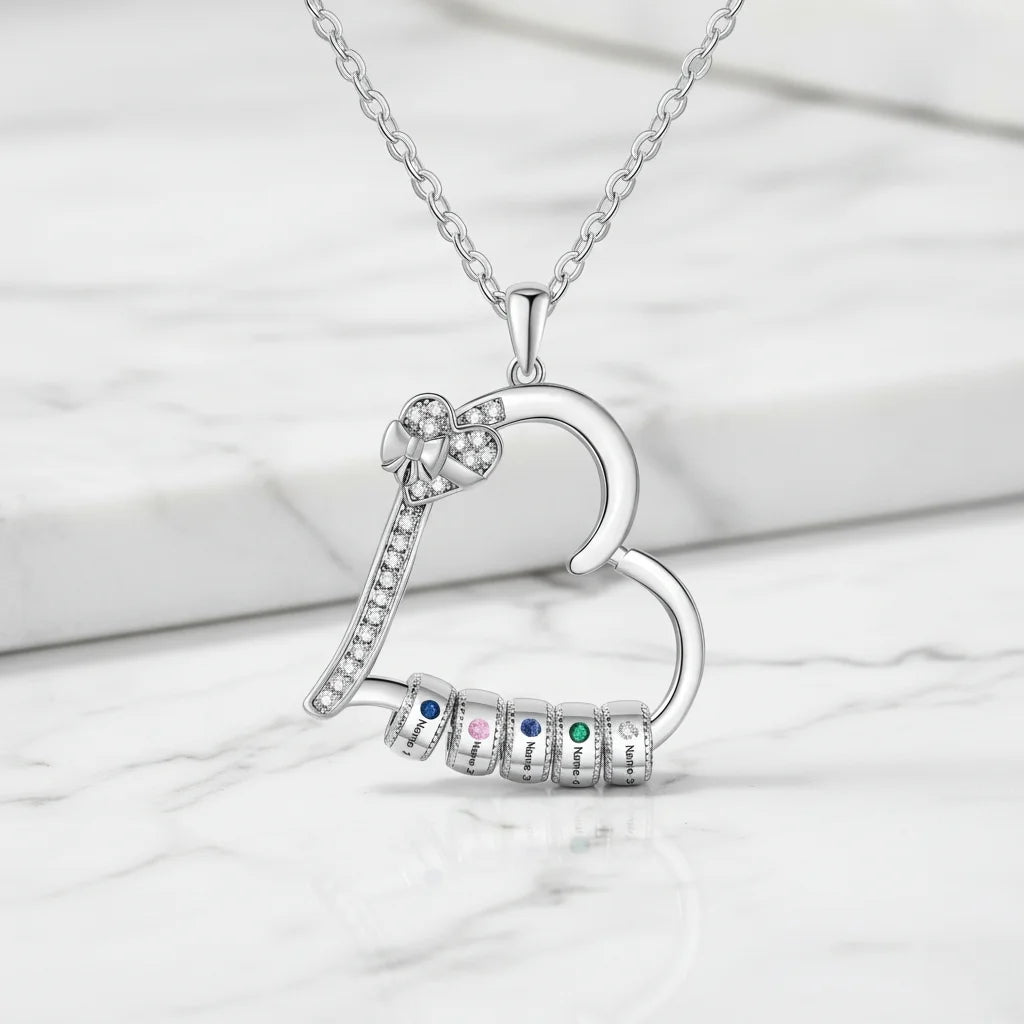 Personalised Family Birthstone Heart Pendant Necklace – Engraved Gift for Mum