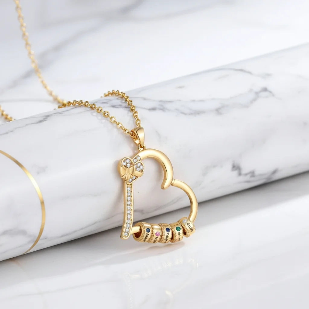 Personalised Family Birthstone Heart Pendant Necklace – Engraved Gift for Mum