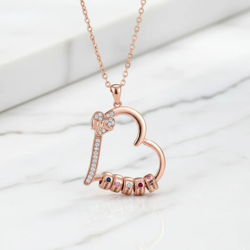 Personalised Family Birthstone Heart Pendant Necklace – Engraved Gift for Mum