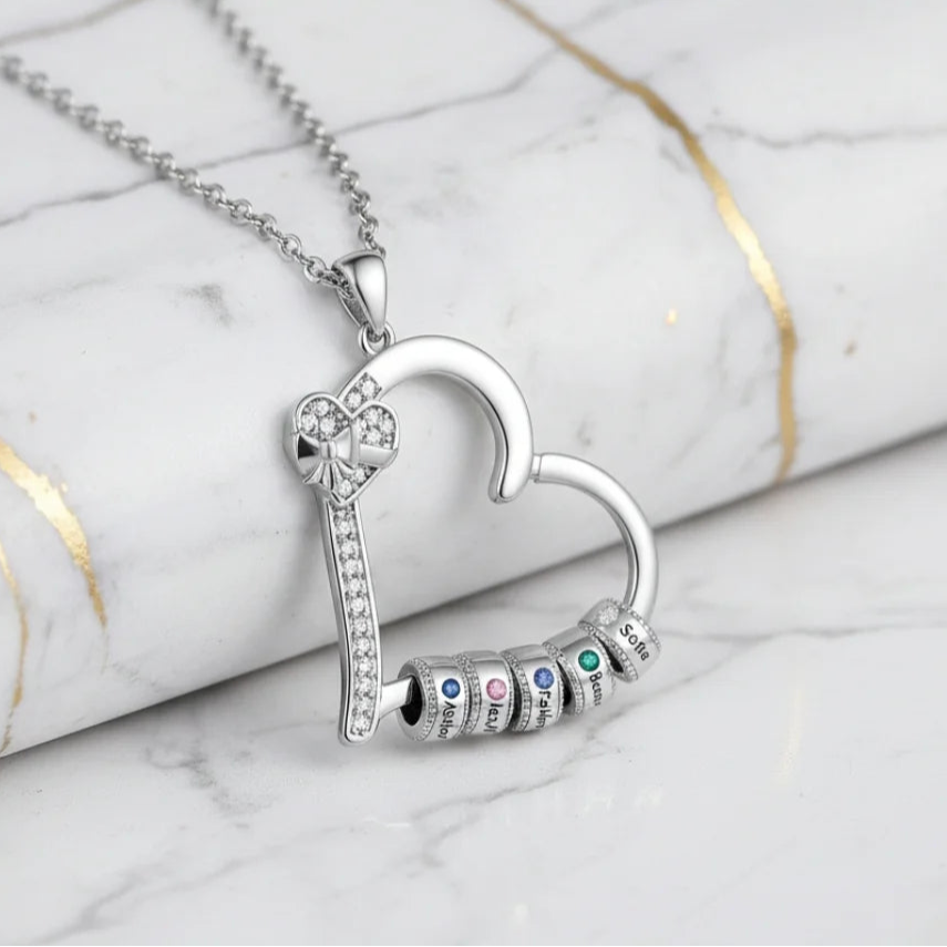 Personalised Family Birthstone Heart Pendant Necklace – Engraved Gift for Mum