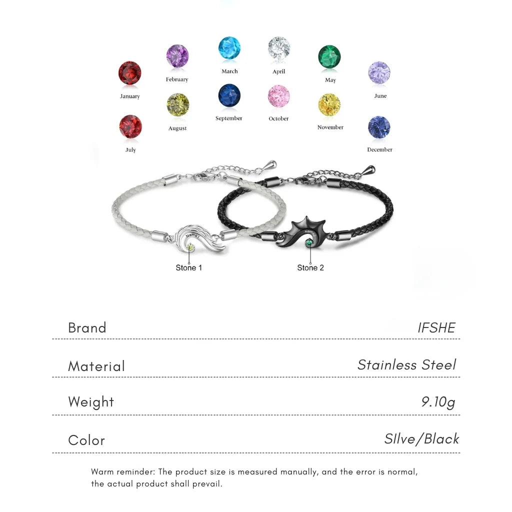 Personalised Half Heart Couple Bracelets | Custom Engraved Name Matching Set with Birthstones