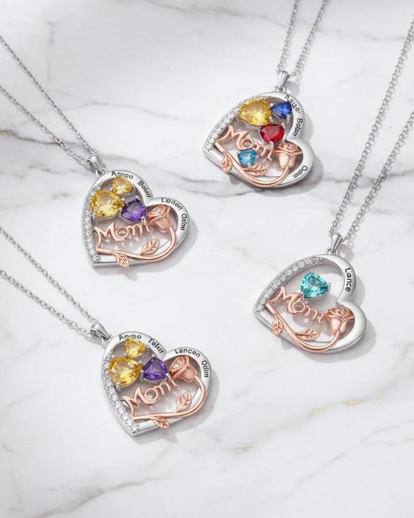 Personalised Heart-Shaped Mom Necklace with Birthstones and Engraved Names IfShe UK