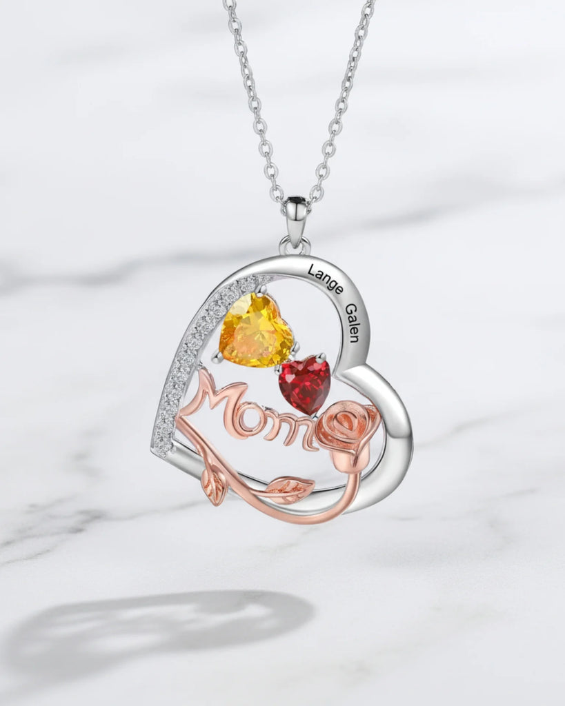 Personalised Heart-Shaped Mom Necklace with Birthstones and Engraved Names IfShe UK