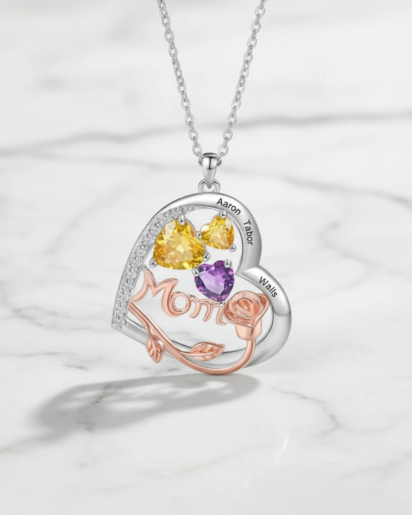 Personalised Heart-Shaped Mom Necklace with Birthstones and Engraved Names IfShe UK