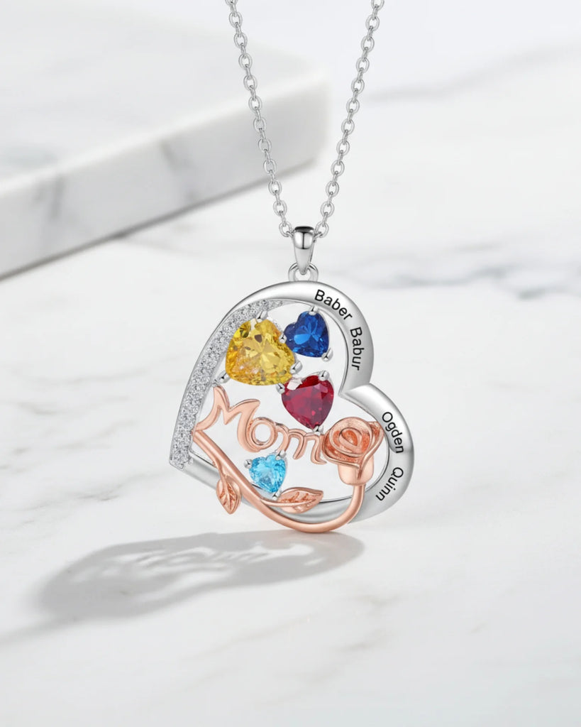 Personalised Heart-Shaped Mom Necklace with Birthstones and Engraved Names IfShe UK