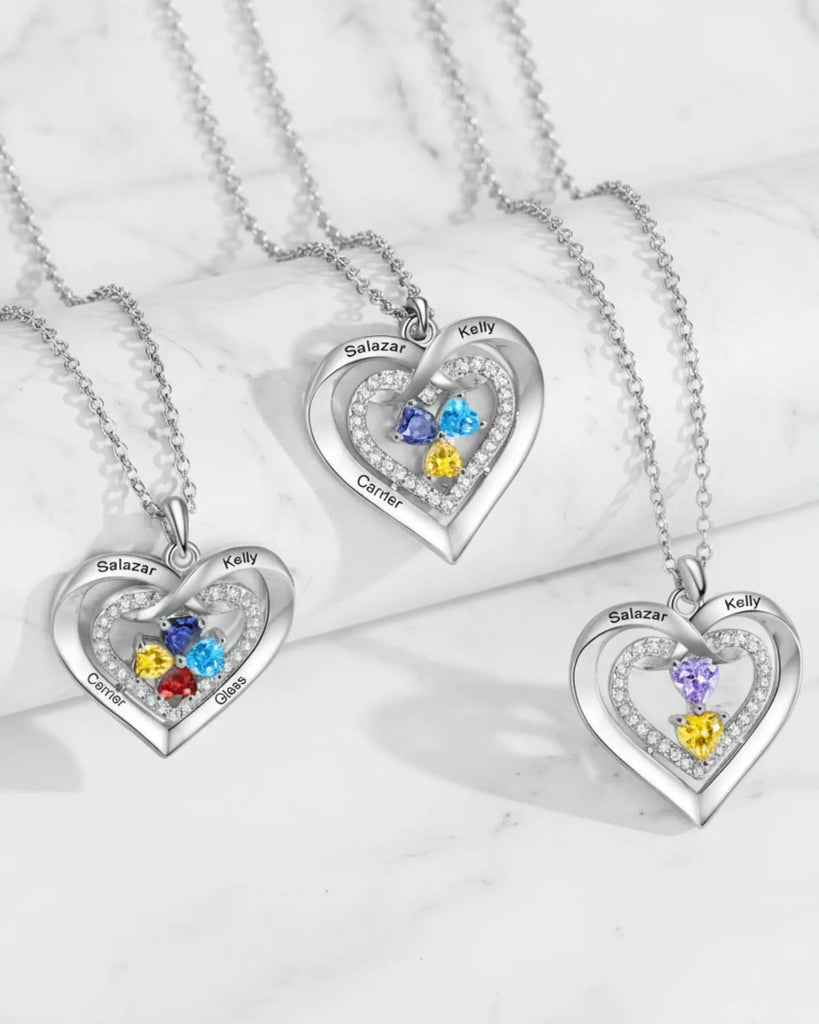 Personalised Heart Birthstone Necklace for Her – Engrave 2-4 Names & Stones IfShe UK