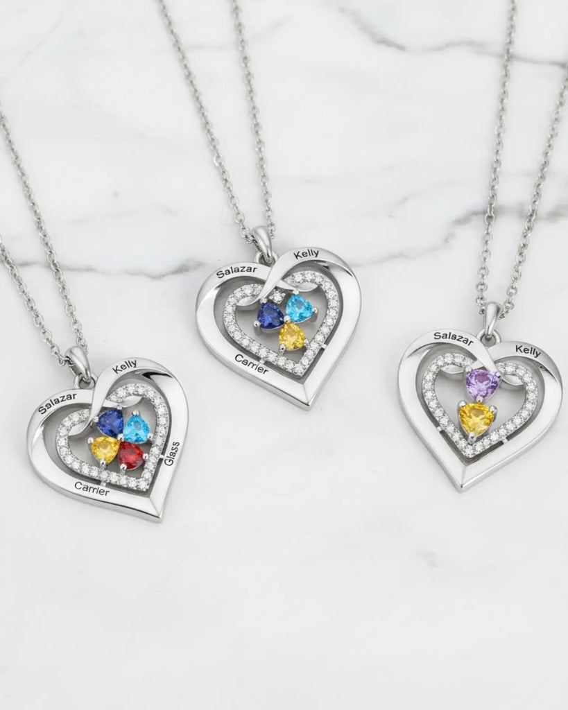 Personalised Heart Birthstone Necklace for Her – Engrave 2-4 Names & Stones IfShe UK