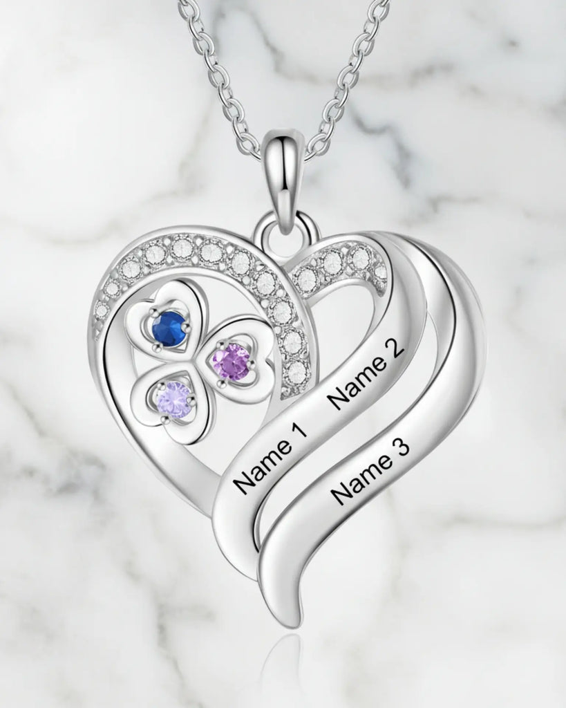 Personalised Heart Necklace with Birthstones – Custom Engraved Names for Family or Mum IfShe UK