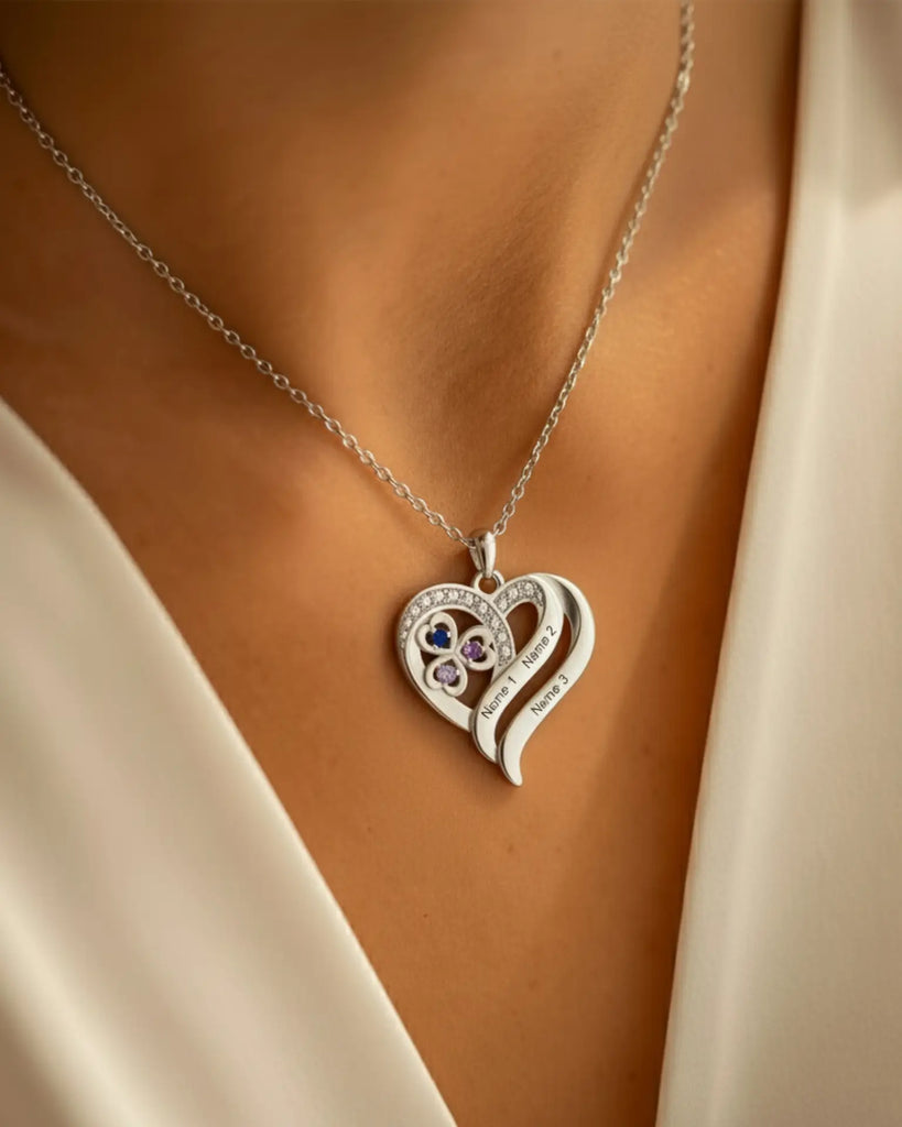 Personalised Heart Necklace with Birthstones – Custom Engraved Names for Family or Mum IfShe UK