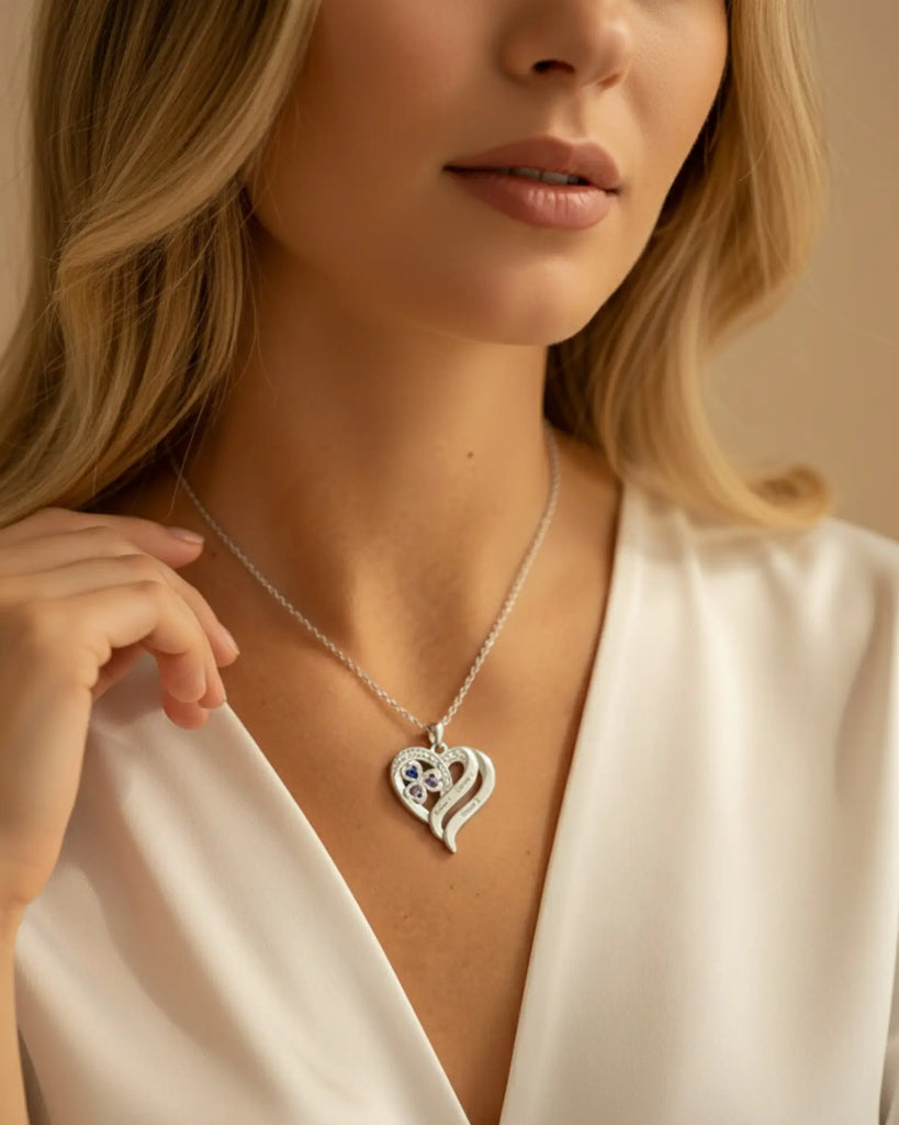 Personalised Heart Necklace with Birthstones – Custom Engraved Names for Family or Mum IfShe UK