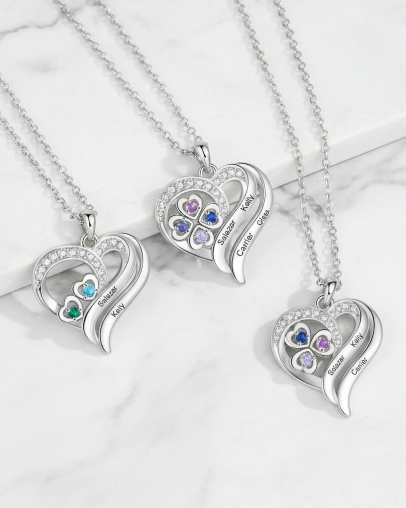 Personalised Heart Necklace with Birthstones – Custom Engraved Names for Family or Mum IfShe UK