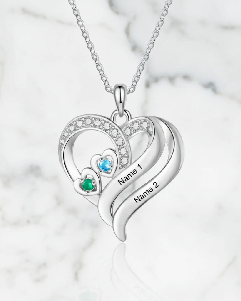 Personalised Heart Necklace with Birthstones – Custom Engraved Names for Family or Mum IfShe UK