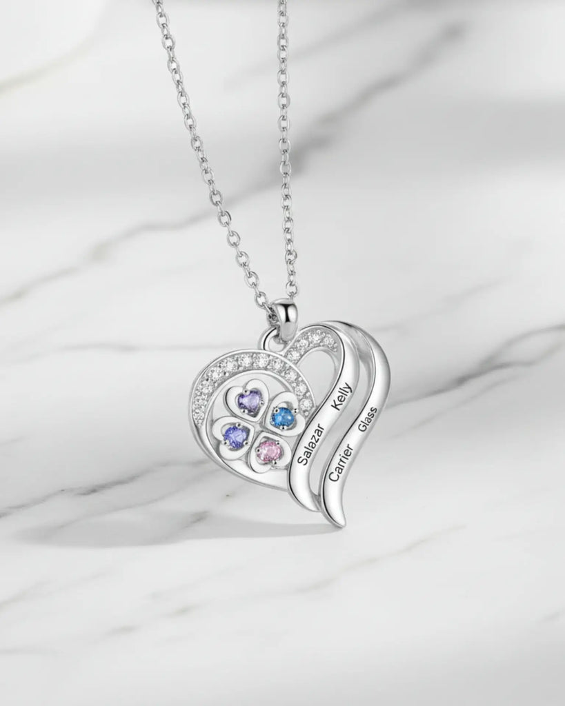 Personalised Heart Necklace with Birthstones – Custom Engraved Names for Family or Mum IfShe UK