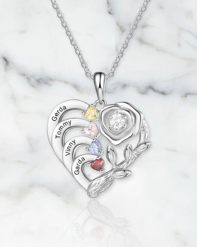 Personalised Heart Necklace with Birthstones and Engraved Names for Mum and Nan IfShe UK