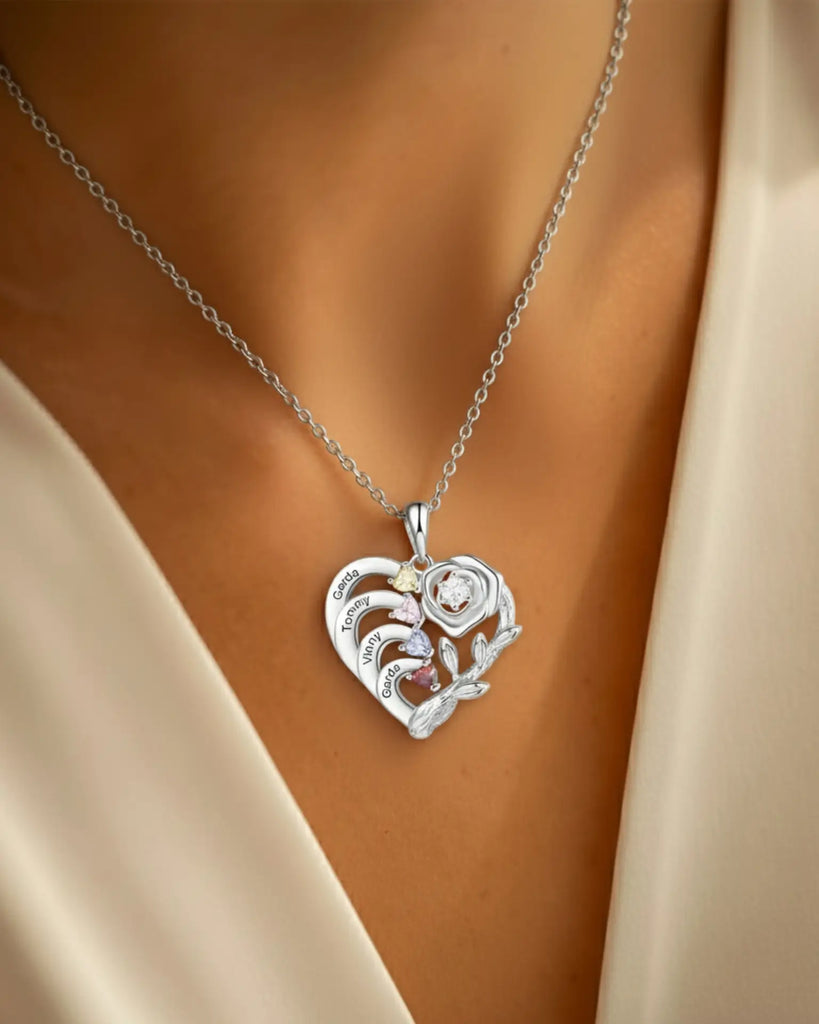 Personalised Heart Necklace with Birthstones and Engraved Names for Mum and Nan IfShe UK