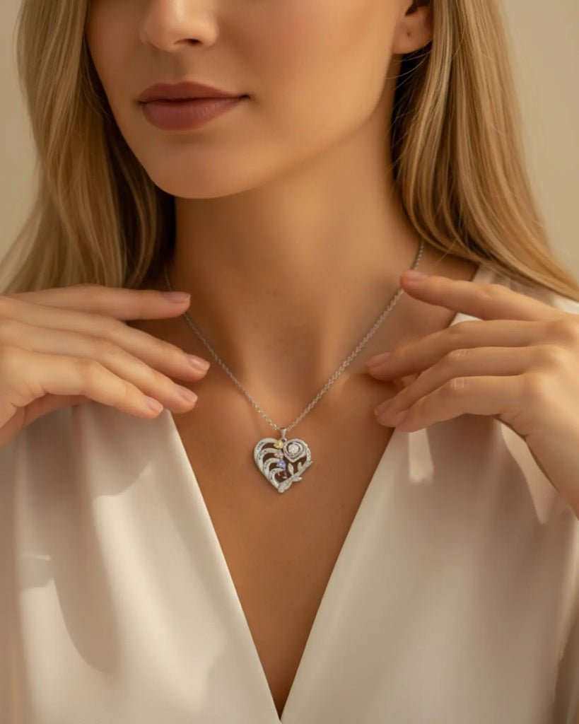 Personalised Heart Necklace with Birthstones and Engraved Names for Mum and Nan IfShe UK