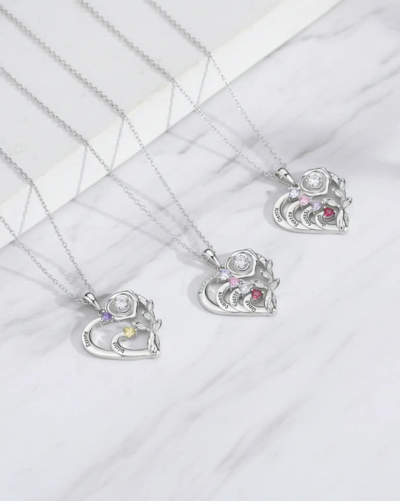 Personalised Heart Necklace with Birthstones and Engraved Names for Mum and Nan IfShe UK