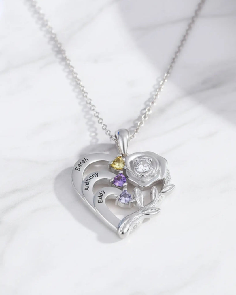Personalised Heart Necklace with Birthstones and Engraved Names for Mum and Nan IfShe UK