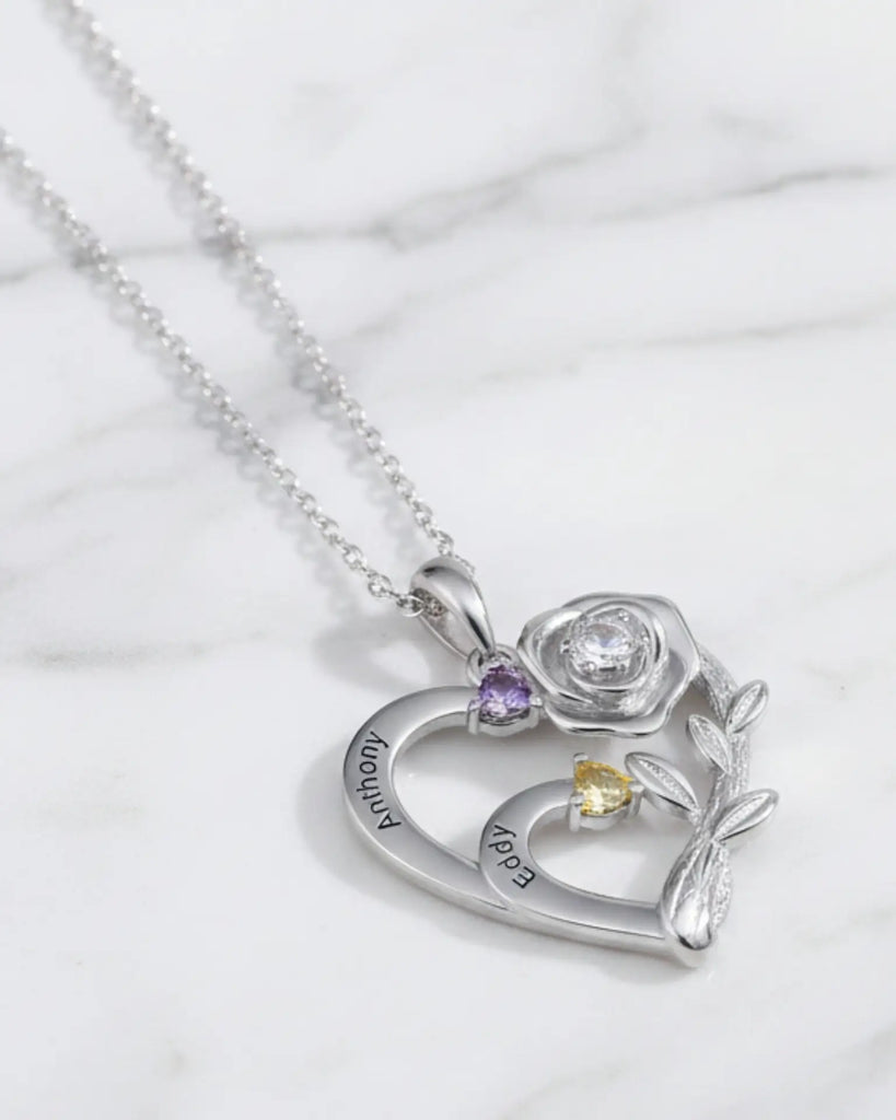 Personalised Heart Necklace with Birthstones and Engraved Names for Mum and Nan IfShe UK