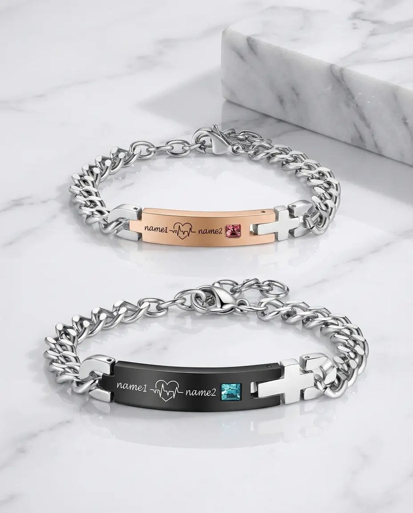 Personalised Heartbeat Couple Bracelets - Matching ID Bar Set with Birthstones IfShe UK