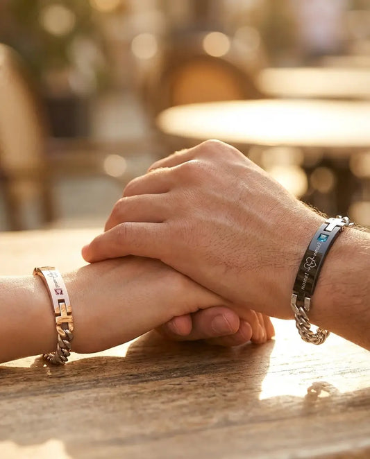 Personalised Heartbeat Couple Bracelets - Matching ID Bar Set with Birthstones IfShe UK