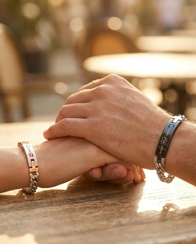 Personalised Heartbeat Couple Bracelets - Matching ID Bar Set with Birthstones IfShe UK