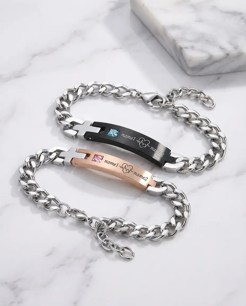 Personalised Heartbeat Couple Bracelets - Matching ID Bar Set with Birthstones IfShe UK