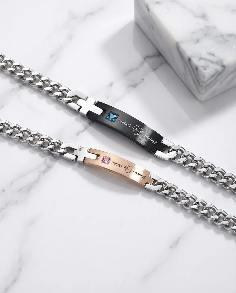 Personalised Heartbeat Couple Bracelets - Matching ID Bar Set with Birthstones IfShe UK