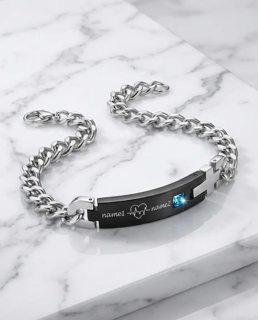 Personalised Heartbeat Couple Bracelets - Matching ID Bar Set with Birthstones IfShe UK