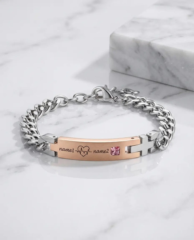 Personalised Heartbeat Couple Bracelets - Matching ID Bar Set with Birthstones IfShe UK