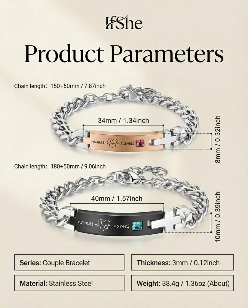 Personalised Heartbeat Couple Bracelets - Matching ID Bar Set with Birthstones IfShe UK