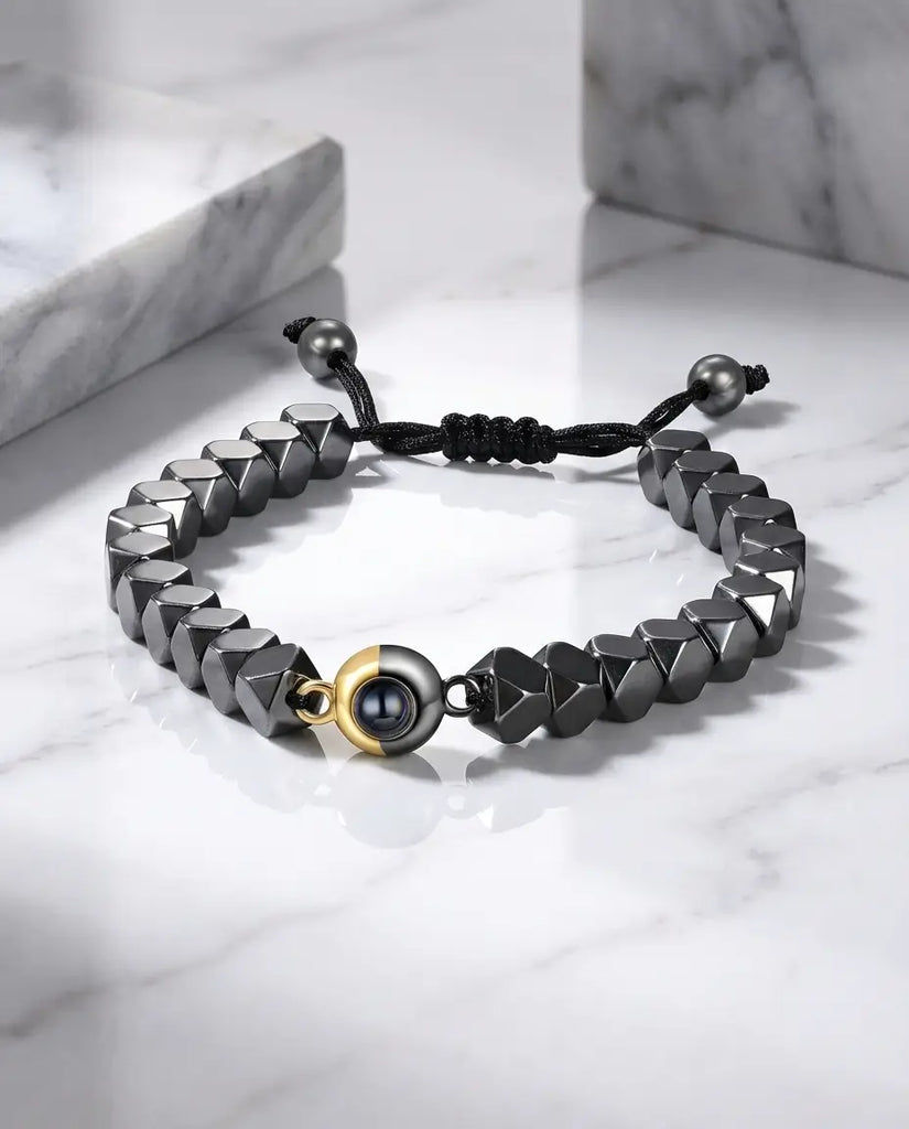 Personalised Hematite Photo Projection Bracelet - Unisex Picture Bead IfShe UK