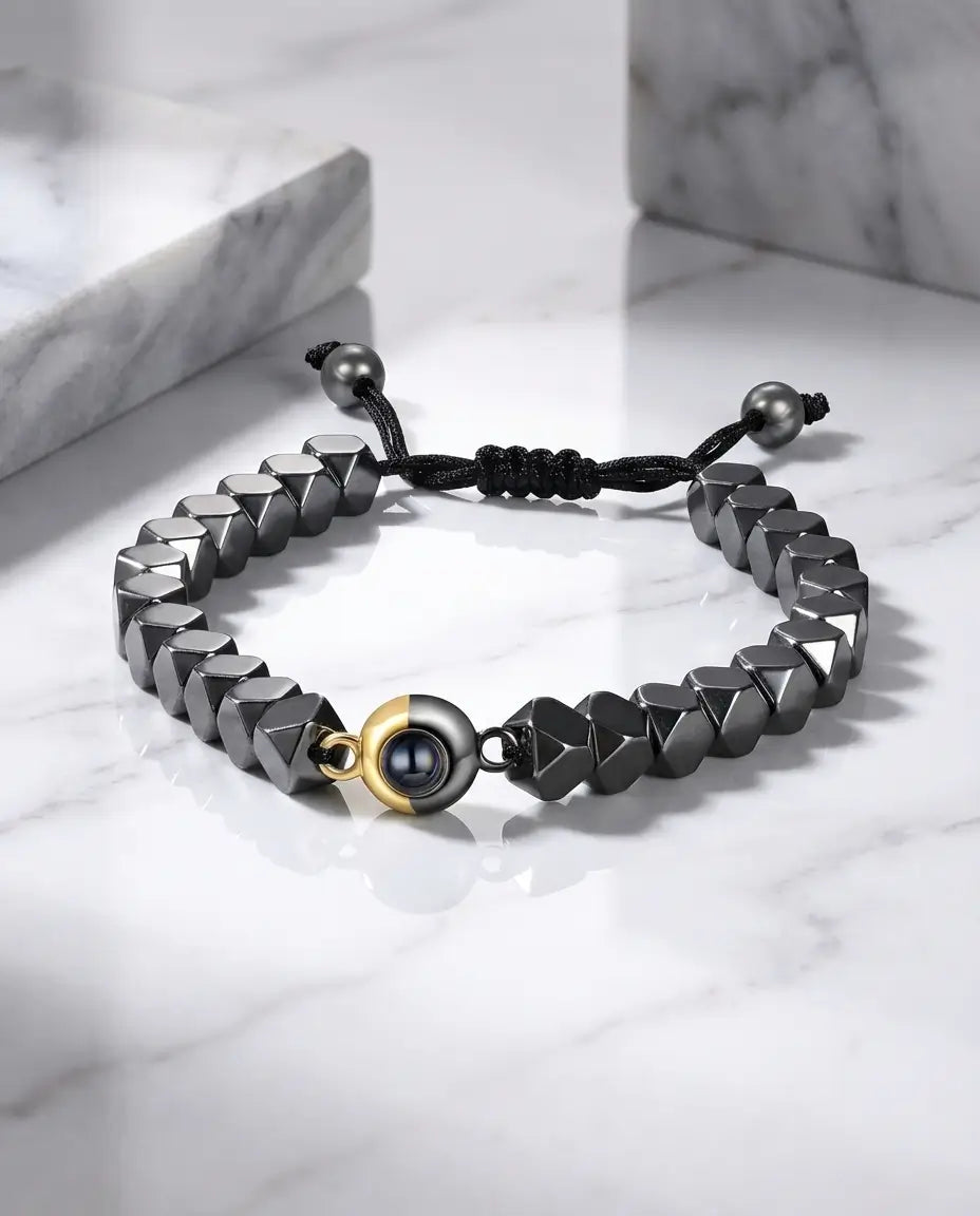Personalised Hematite Photo Projection Bracelet - Unisex Picture Bead IfShe UK