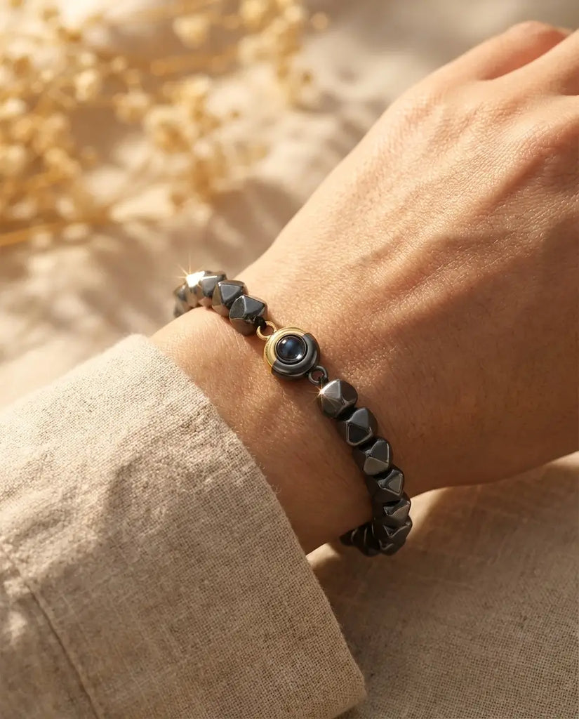 Personalised Hematite Photo Projection Bracelet - Unisex Picture Bead IfShe UK