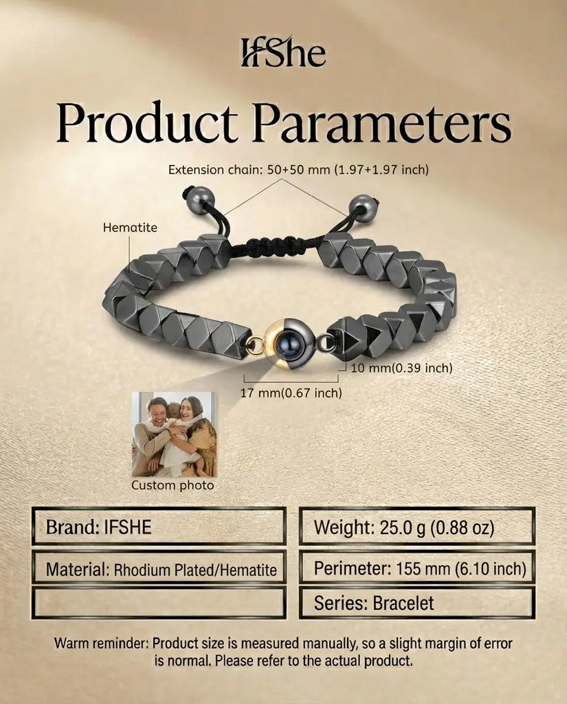 Personalised Hematite Photo Projection Bracelet - Unisex Picture Bead IfShe UK