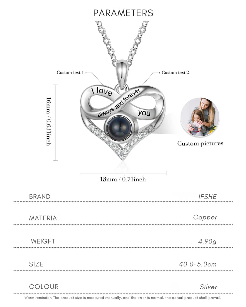 Personalised Infinity Heart Photo Projection & Engraving Necklace IfShe UK