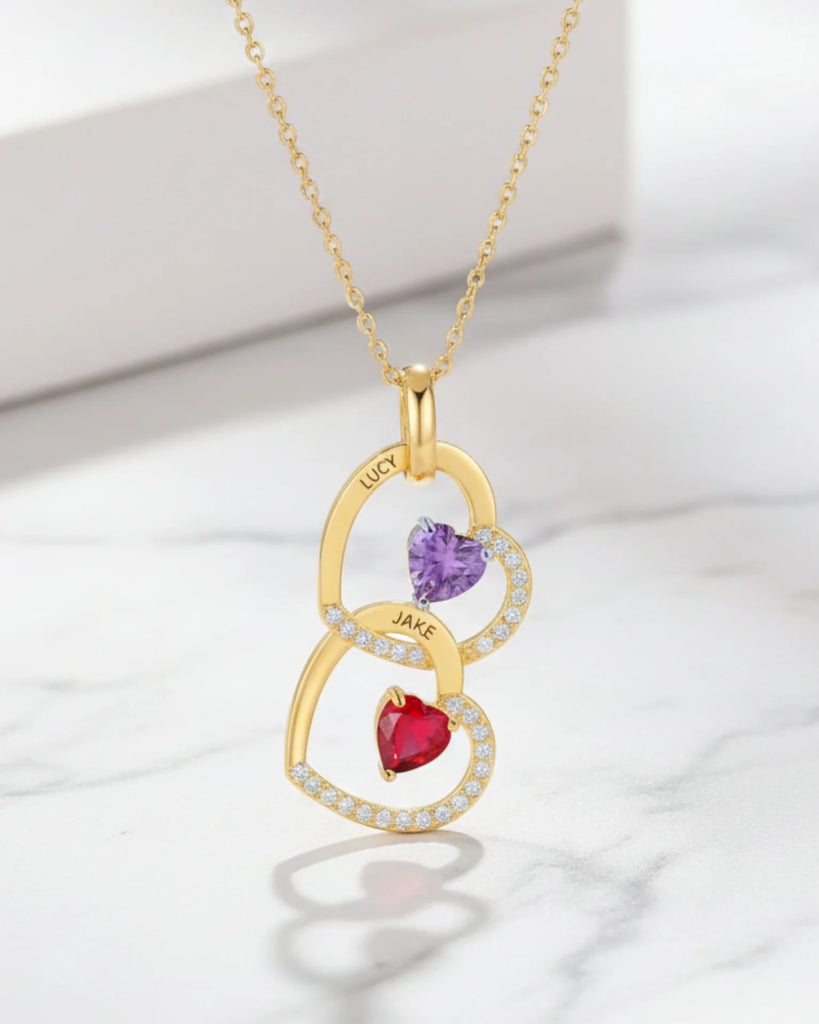 Personalised Interlocking Heart Necklace with Engraved Names and Birthstones