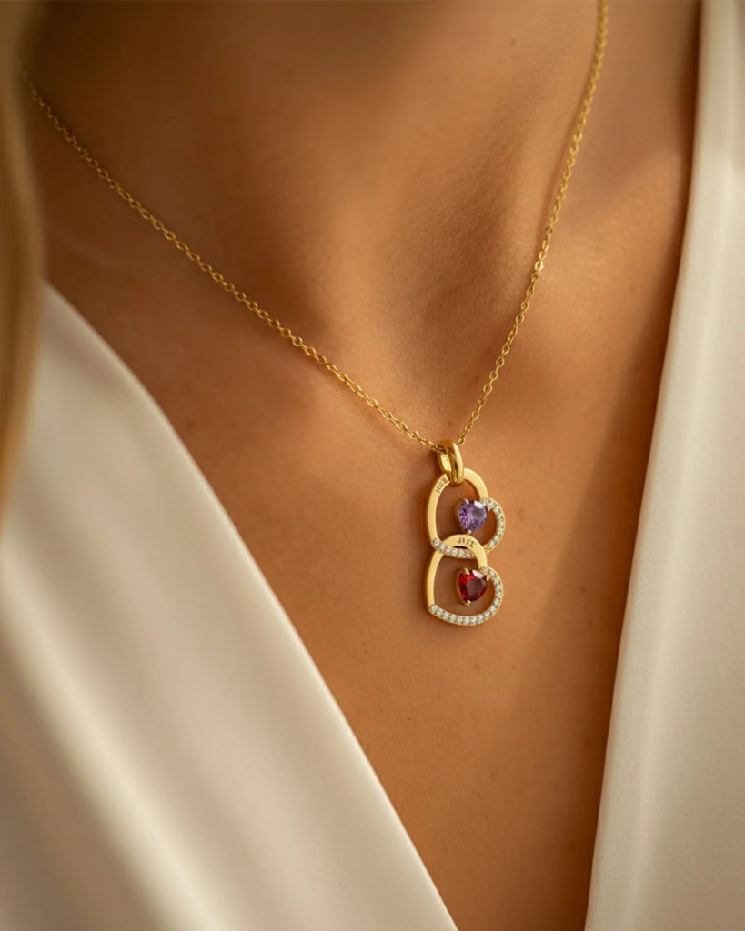 Personalised Interlocking Heart Necklace with Engraved Names and Birthstones