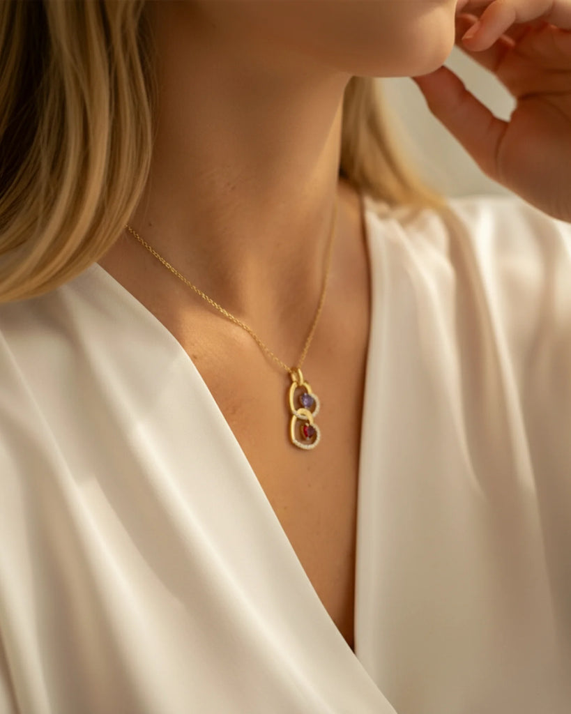 Personalised Interlocking Heart Necklace with Engraved Names and Birthstones