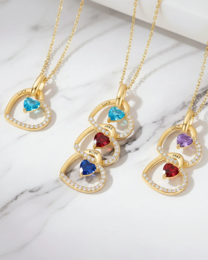 Personalised Interlocking Heart Necklace with Engraved Names and Birthstones