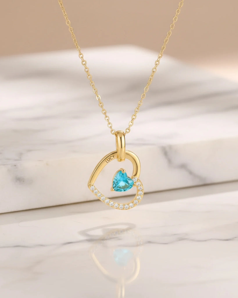 Personalised Interlocking Heart Necklace with Engraved Names and Birthstones