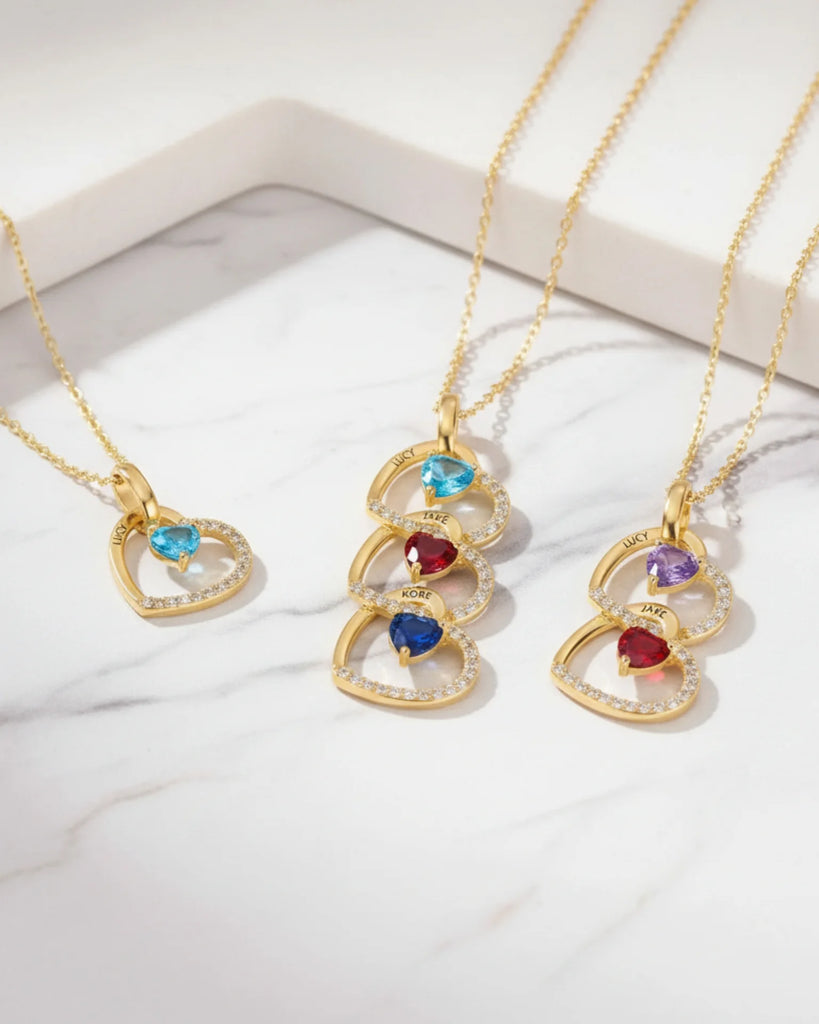 Personalised Interlocking Heart Necklace with Engraved Names and Birthstones