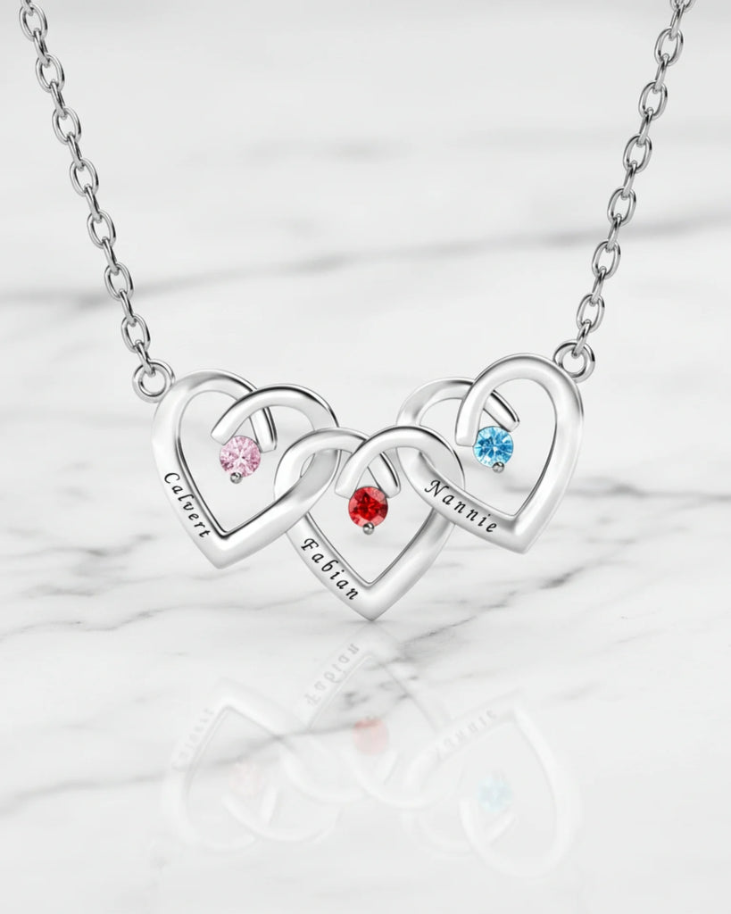 Personalised Interlocking Three Heart Birthstone Necklace