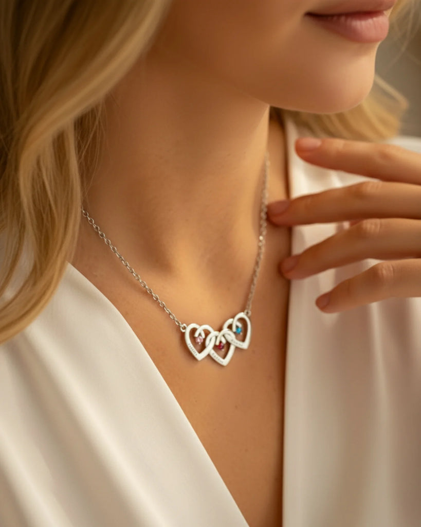 Personalised Interlocking Three Heart Birthstone Necklace